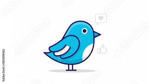 A cute blue cartoon bird with social media likes and heart icons floating around it on white background