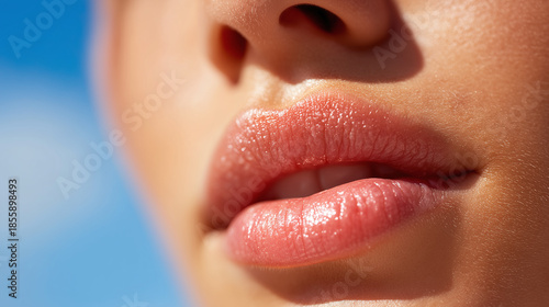 Close up of lips and skin texture with visible sunlight highlighting natural pink color and smooth surface, creating warm and fresh feeling in image