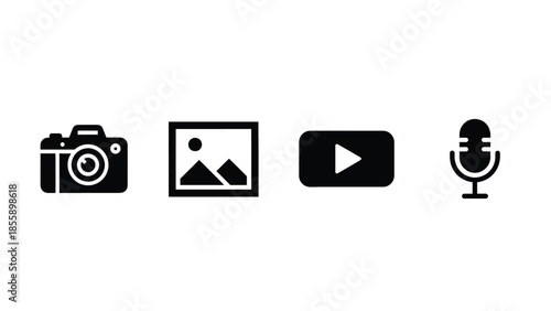 Diverse icons representing photo, art, video, and audio creation