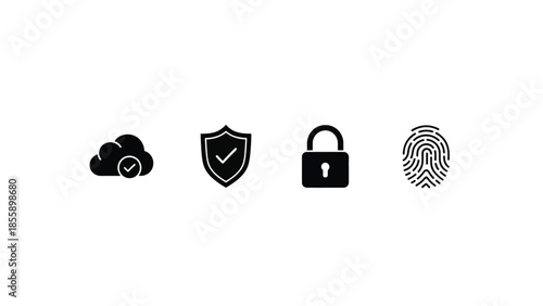 Digital security icons: cloud, shield, lock, and fingerprint for data protection.