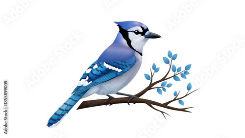 A blue jay perched on a branch with blue leaves against a white background
