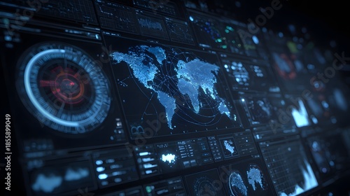 A futuristic global cybersecurity dashboard that displays digital maps, analytics, and data interfaces, representing global monitoring, cyber defense, information systems, and advanced technologies.