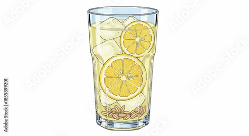 Cold Refreshing Iced Lemonade Glass with Fresh Lemon Slices Illustration