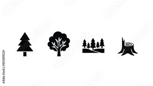 Diverse forest icons showing growth, nature, and deforestation