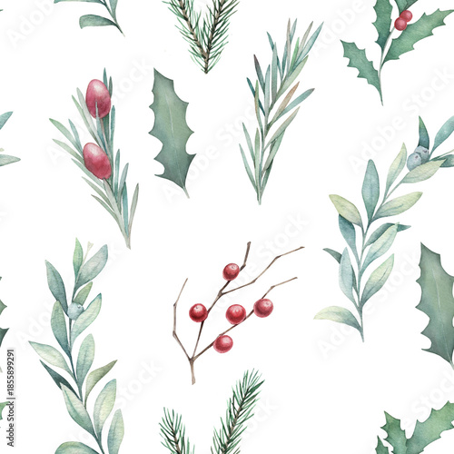 Watercolor seamless pattern with eucalyptus branches . Hand drawn illustration on white background