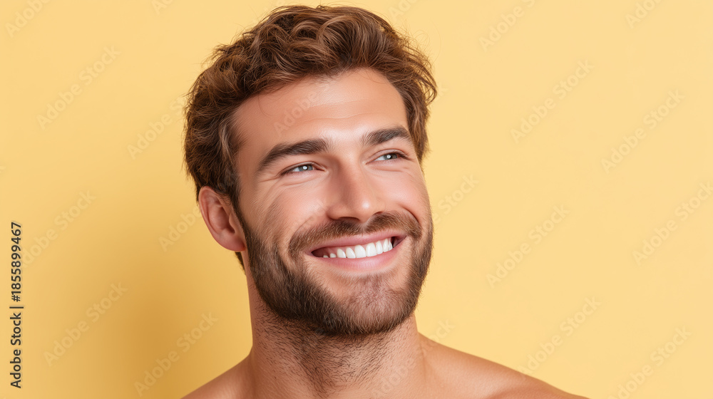 Naklejka premium Handsome man smiling softly with natural glowing skin and groomed beard against yellow background, expressing happiness and confidence