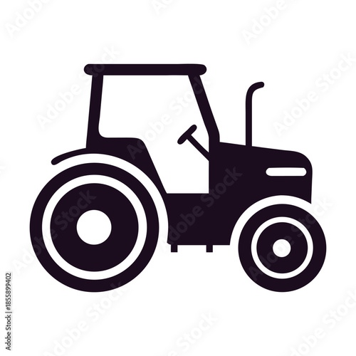 A simple black silhouette of a farm tractor, an agricultural machine used for plowing, planting, and harvesting, symbolizing rural life and heavy equipment, isolated on a
