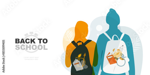 Back to School banner. Silhouettes of two students with backpacks. Modern design.