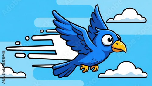 A cartoon blue bird flying fast through a bright blue sky with white clouds
