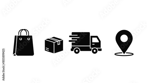 Icons representing shopping bag, package, delivery truck, and location pin on a white background.