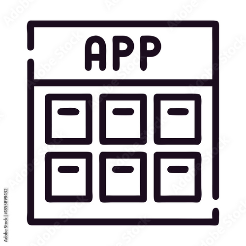 Outline icon representing a mobile application store or an app interface with multiple app icons displayed, symbolizing digital content, software downloads, and user interaction