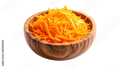 A wooden bowl overflowing with brightly colored, shredded orange cheese on a black background