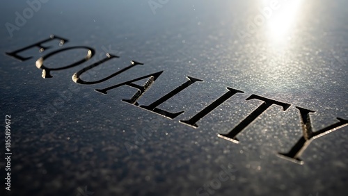 Dramatic macro of the word EQUALITY carved in granite, representing the permanence of justice and the enduring fight for civil rights.