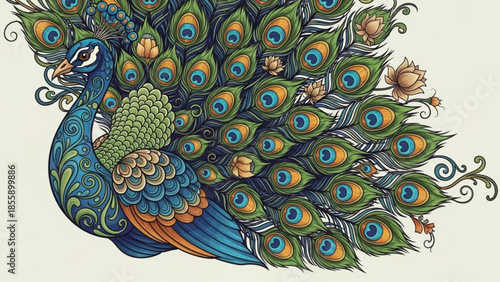 Vibrant peacock with colorful feathers and intricate patterns on display