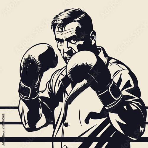 a comic book style vector gentleman against a boxing ring background