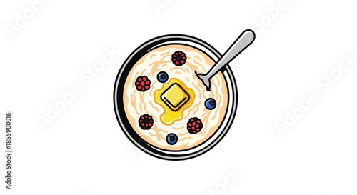 Healthy Oatmeal Bowl with Berries Butter and Seeds Illustration