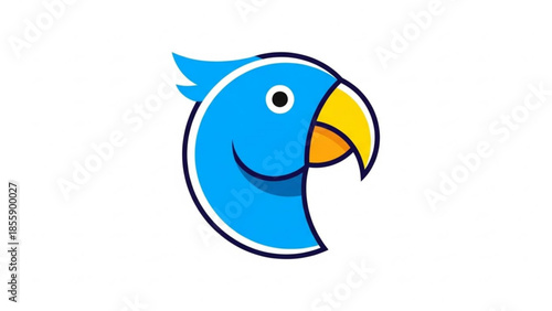 Vibrant blue cartoon parrot head with yellow beak and white eye