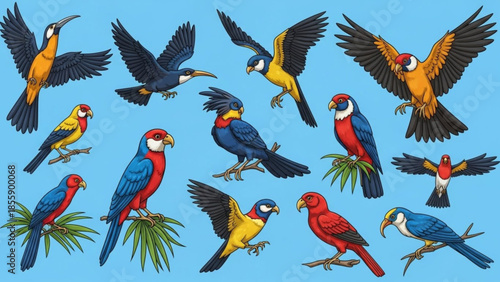 Vibrant tropical birds in flight and perched on palm leaves against a bright blue background