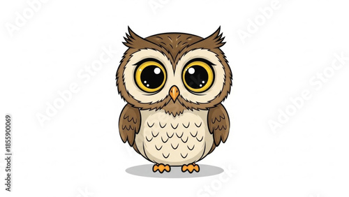 A cute cartoon owl with big yellow eyes and brown feathers stands on a gray shadow, looking directly