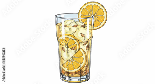 Refreshing Lemon Iced Tea with Ice Cubes and Fruit Slices Illustration