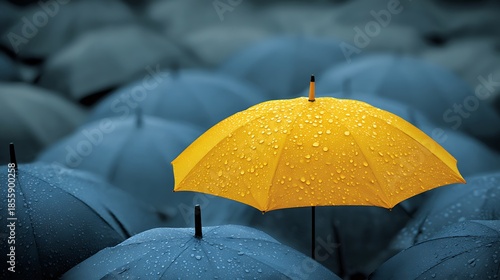 Unique Yellow Umbrella Standing Out from a Crowd of Dark Umbrellas