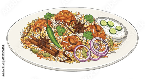 Aromatic Rice Pulao with Fried Chicken Green Chili and Spices Illustration