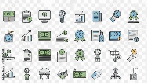 Collection of Finance and Business Icons Representing Money and Growth.