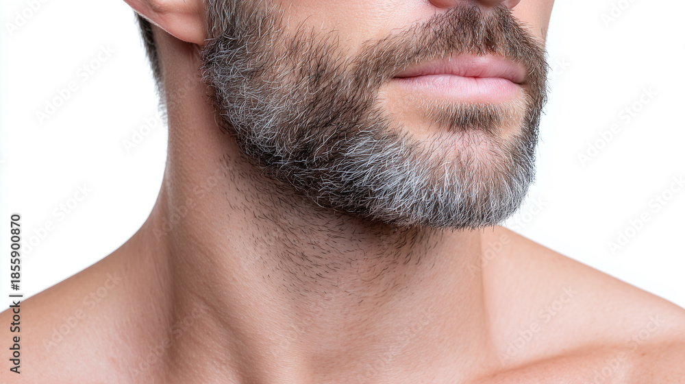 Obraz premium Beard grooming, male skin, close up of neatly groomed beard with grey and white hair, healthy skin texture, facial hair detail, natural look
