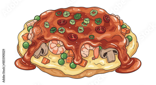 Savory Seafood Omelet with Shrimp Vegetables and Tomato Sauce Illustration