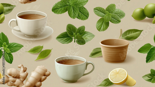 Steaming cups of herbal tea surrounded by fresh green leaves, ginger root, lemon slice, and lime on beige background creating natural and refreshing seamless pattern