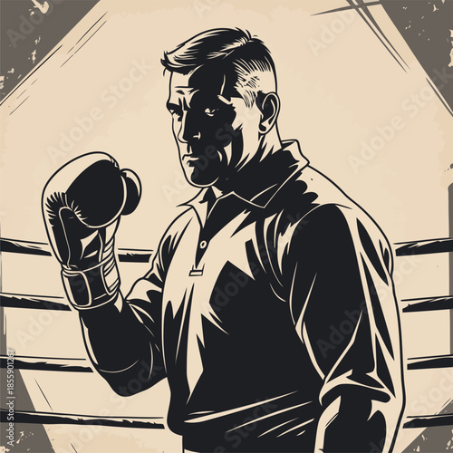 a comic book style vector gentleman against a boxing ring background