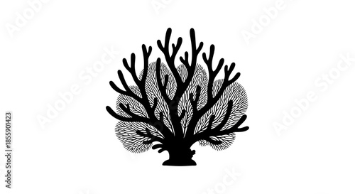 Stylized Black Coral Silhouette with Textured Branches on White Background.