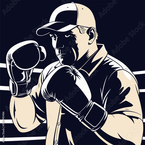 a comic book style vector gentleman against a boxing ring background