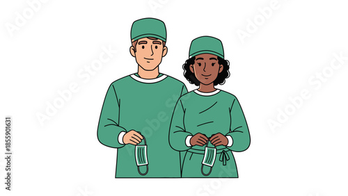 Medical professionals couple standing together, wearing green scrubs and holding stethoscopes in a hospital environment from a front viewpoint