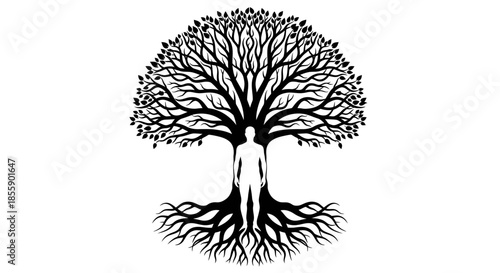 Silhouette of a Person Integrated with a Tree Symbolizing Connection to Nature.