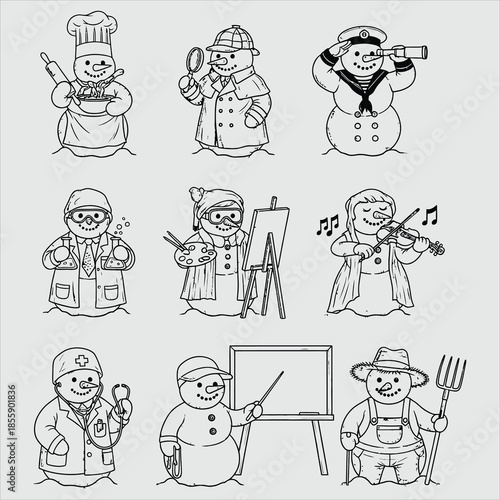 Snowmen in various professions and activities