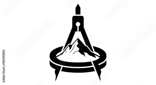 Geometric Compass Symbol with Mountain Landscape Inside.
