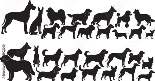 Collection of black silhouettes featuring various dog breeds standing women jumping dancers cheering crowd with raised hands and male user avatar icons vector