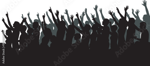 Crowd of people silhouette with raised hands at music concert or festival audience group of fans cheering at public event on white