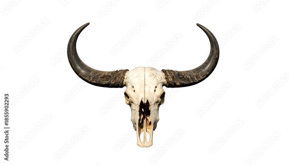 Obraz premium A skull with large, curved horns against a black background