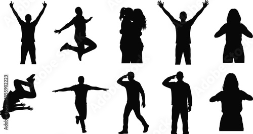 Active people silhouettes set featuring jumping cheering hugging and celebrating poses for community success and lifestyle marketing graphics