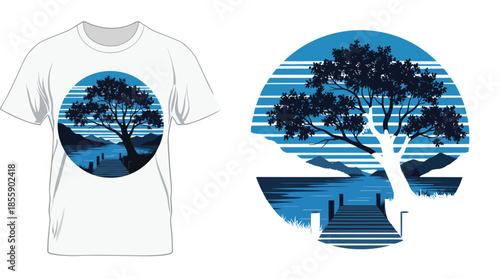 Scenic blue lake landscape with large tree and wooden dock at sunset in a striped circle for nature and mountain apparel