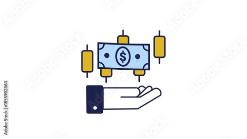Financial Management and Money Care Icon with Cash Bill and Stock Market Candlestick Chart