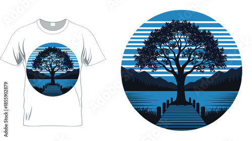 Minimalist blue circular landscape vector featuring a silhouette tree on a wooden pier with mountains and lake background