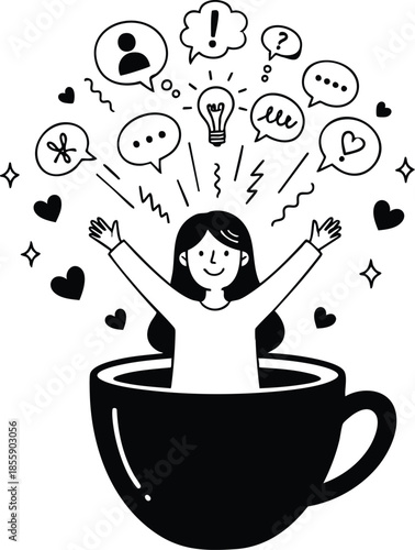 Energetic Morning Coffee Illustration Girl with Creative Ideas and Inspiration