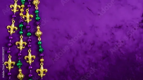 Fototapeta na wymiar Mardi gras beads and fleur de lis on purple background