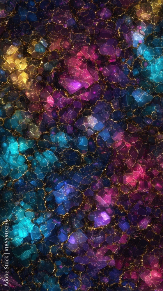 Naklejka premium Celestial Mosaic: A mesmerizing mosaic of vibrant colors and intricate textures forms an ethereal abstract design, inviting contemplation and wonder.