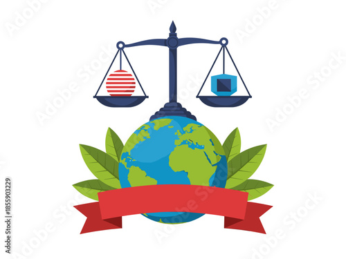 Law scales balancing a ball and a monitor over the earth, with a banner underneath, highlighting environmental balance and justice. The image symbolizes the intersection of law, technology.