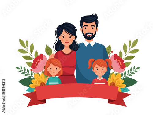 A loving family portrait with flowers and banner, conveying themes of love and togetherness