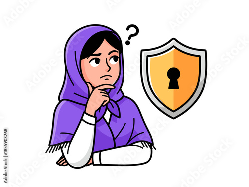 A woman pondering with a question mark above her head, next to a security shield